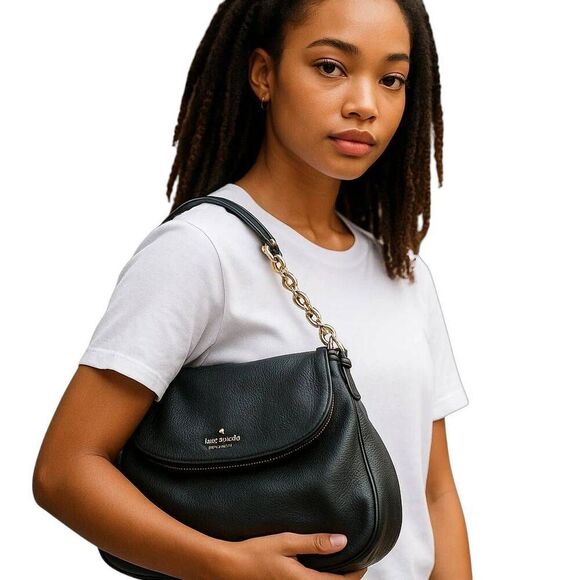 Kate Spade Black Leather Zipper Flap Chain Accent Medium Shoulder Bag - Picture 2 of 14